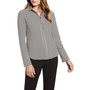 Anne Klein L Black and White Asymmetrical Striped Button Down Formal Shirt NWT